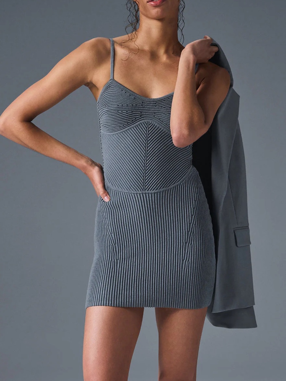 ALO Yoga: Ribbed Knit Mini Dress in Slate Gray (Anthracite)